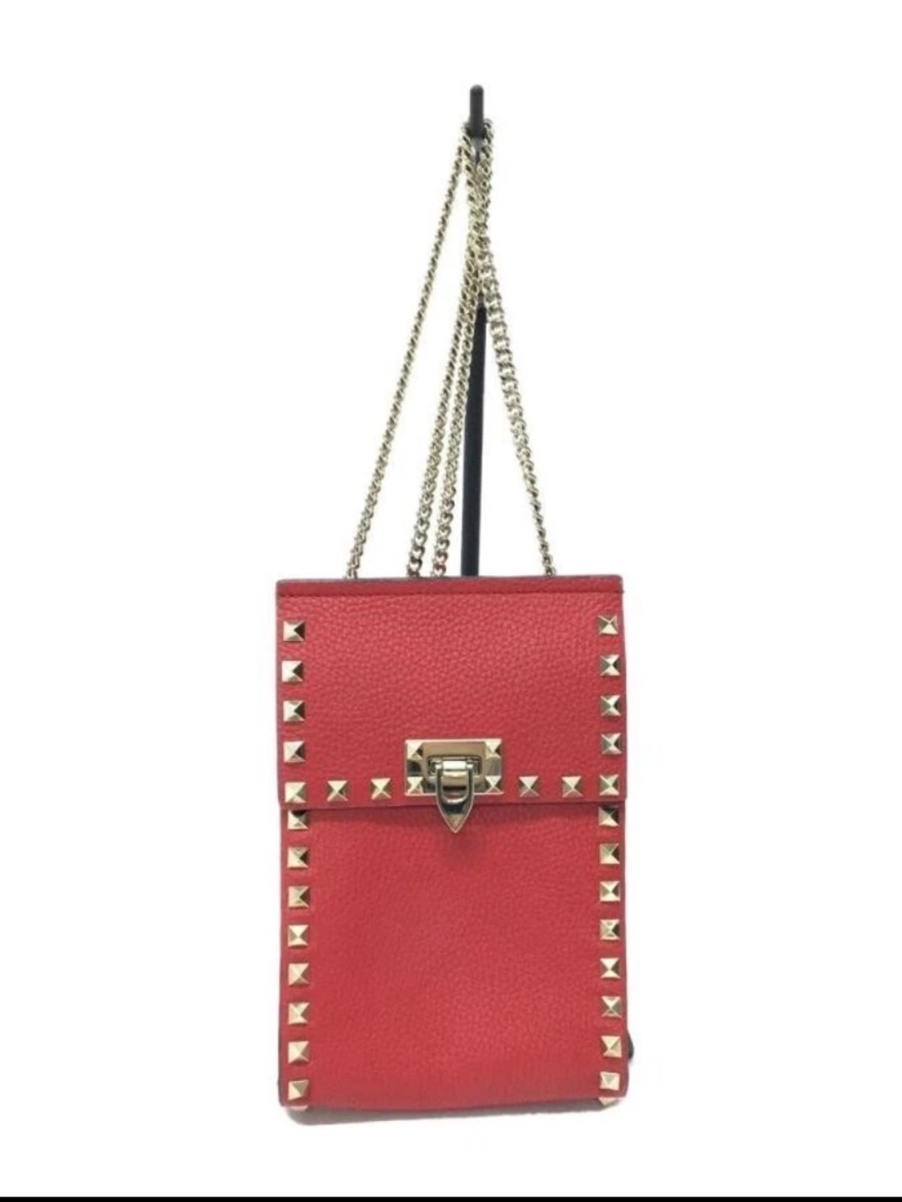 Valentino Garavani Red Stud-Trim Shoulder Bag with Gold Chain